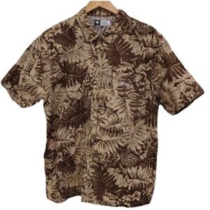 Lifted Research Group Button Up Short Sleeve Shirt Mens L Palm Trees Brown Logo